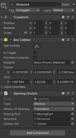 Opening game object's components